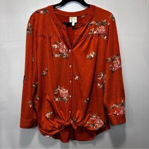 Fig and Flower Orange Floral Embroidered Tie Waist Button Up Blouse Boho Size 1X